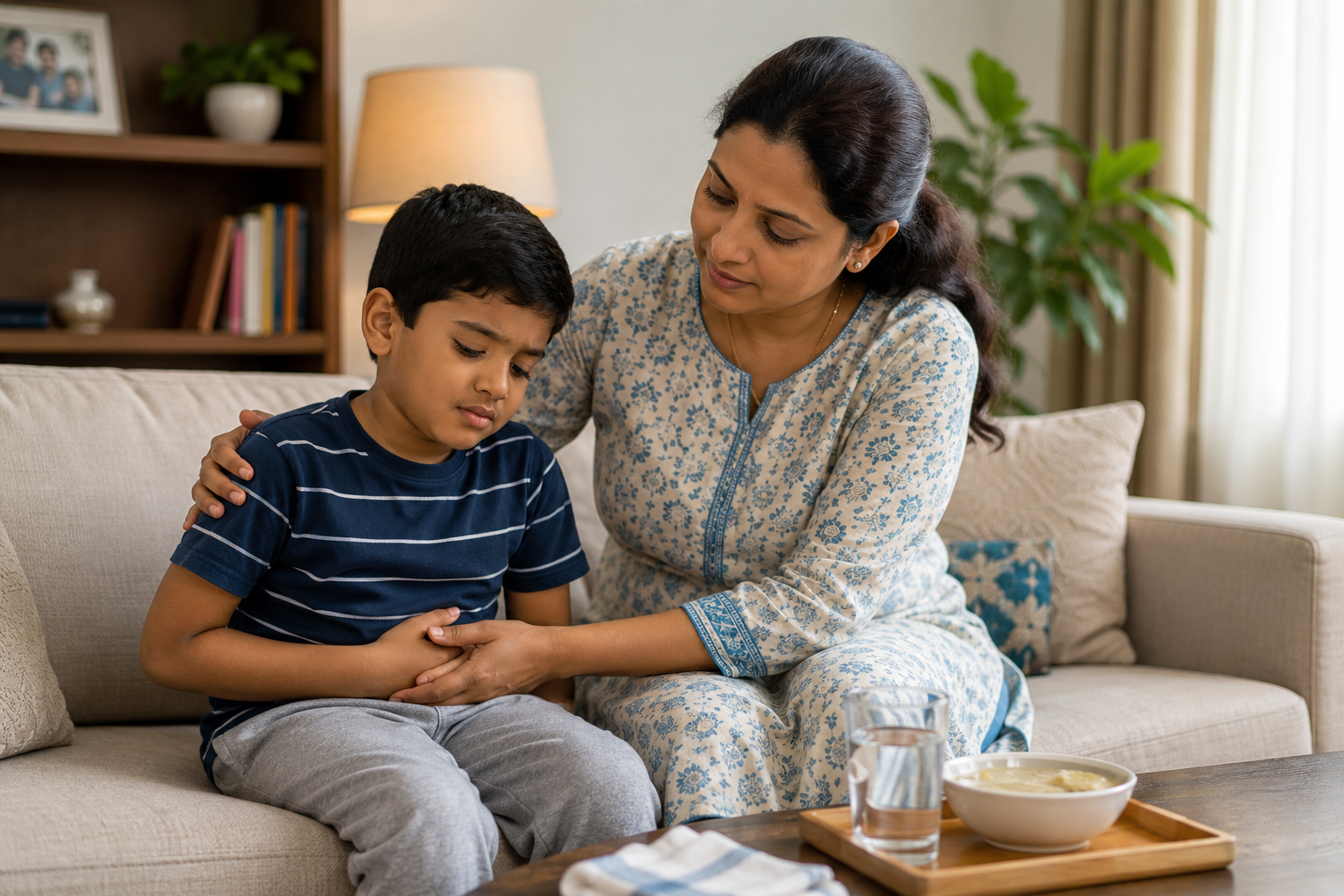 Indian parent gently supporting a child with mild tummy discomfort at home