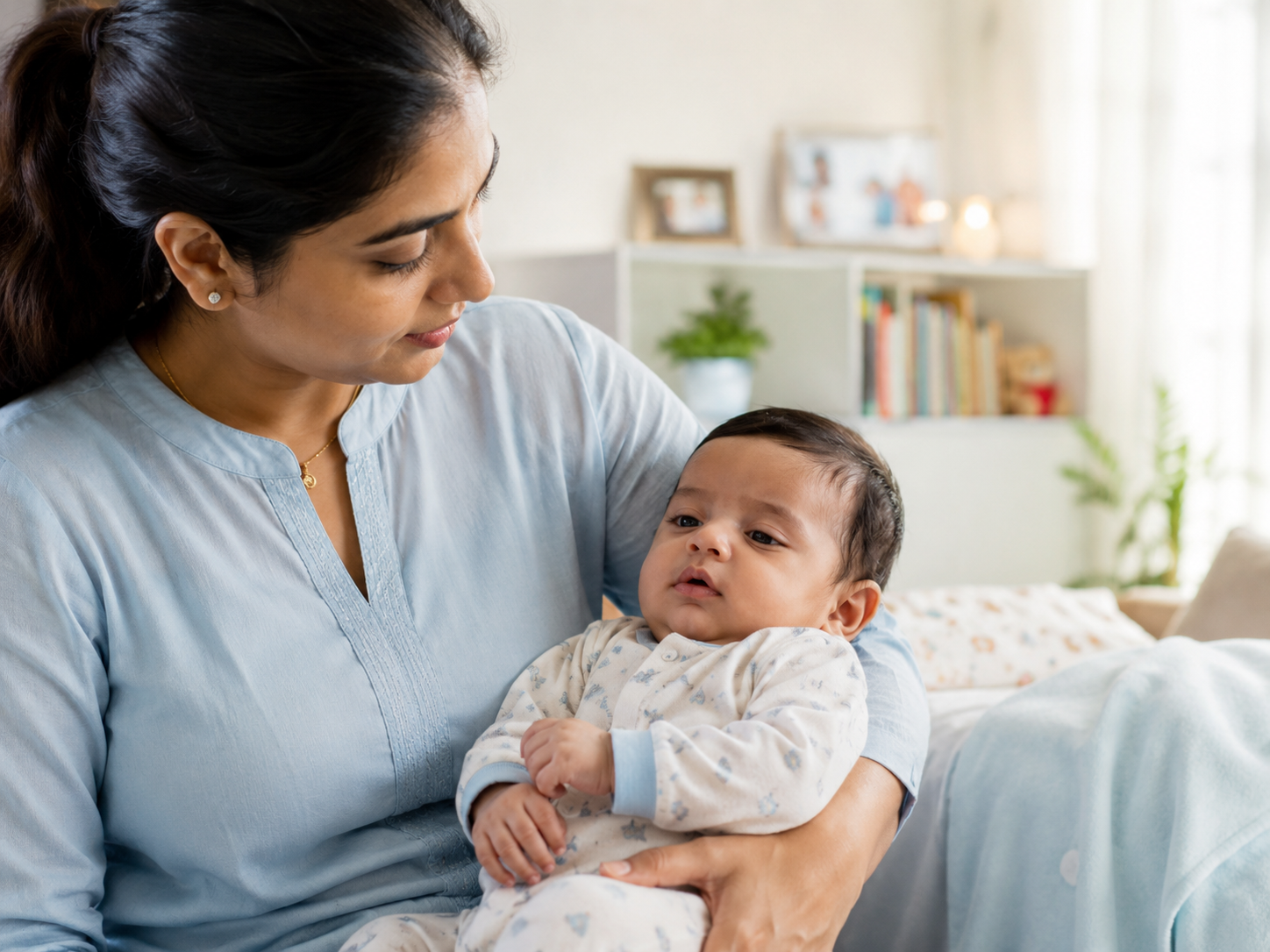 Indian parent calmly observing an infant with mild bronchiolitis symptoms