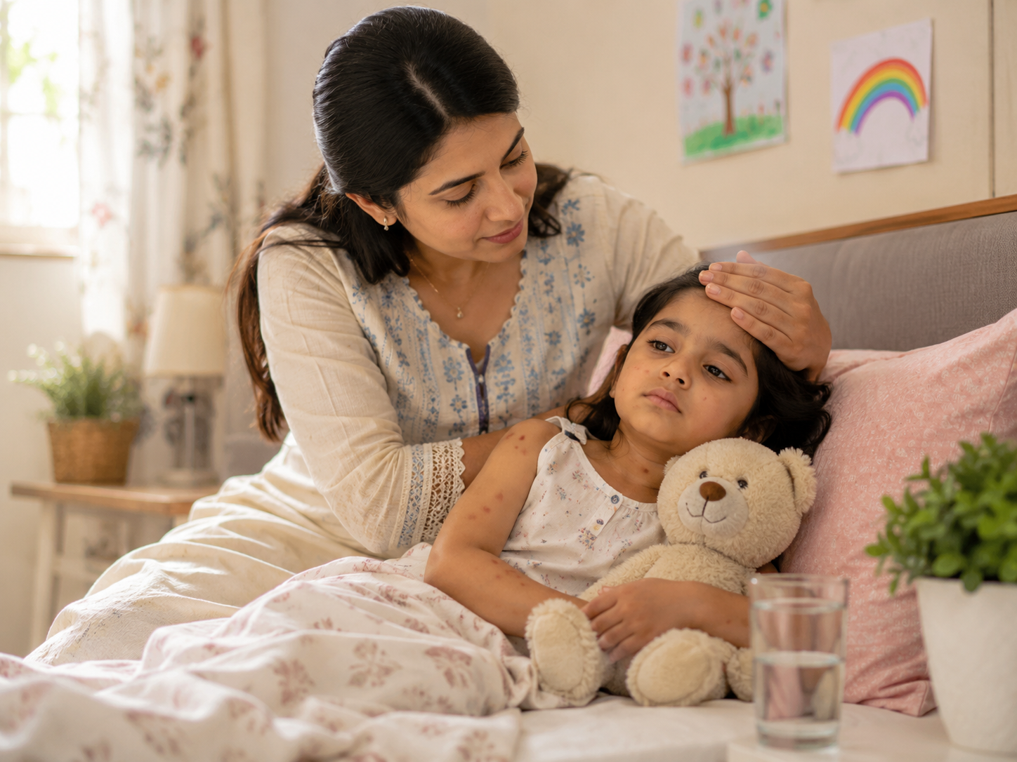 Indian parent caring for a child resting at home with mild chickenpox rash