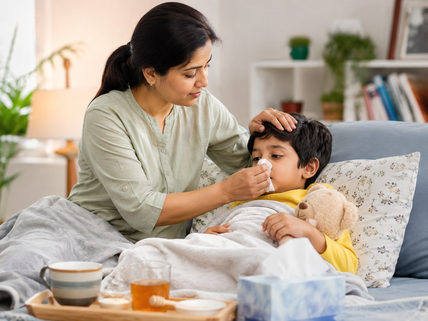 Indian parent comforting a child with mild cold symptoms at home