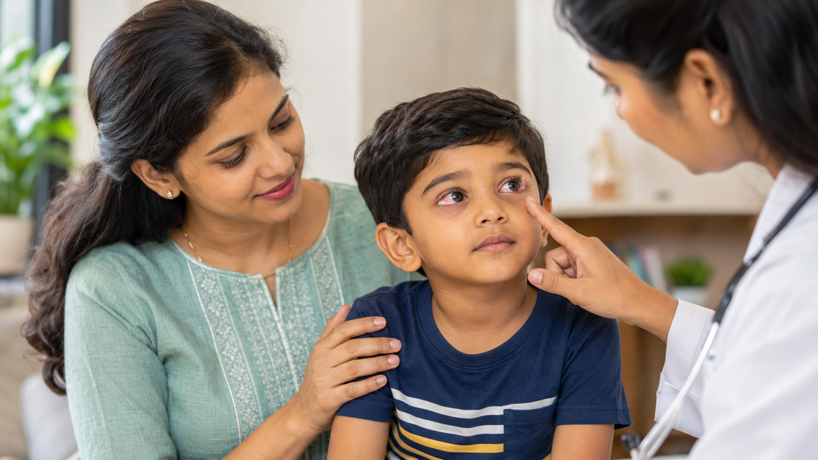Indian child with mildly red conjunctiva being gently checked by a clinician with parent present