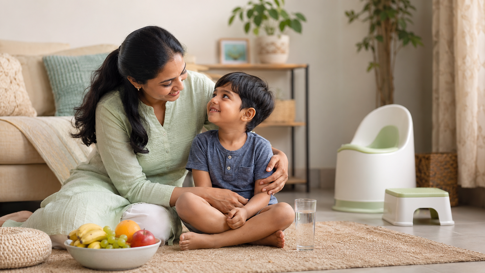 Indian parent gently supporting a child with healthy toilet routine and hydration at home