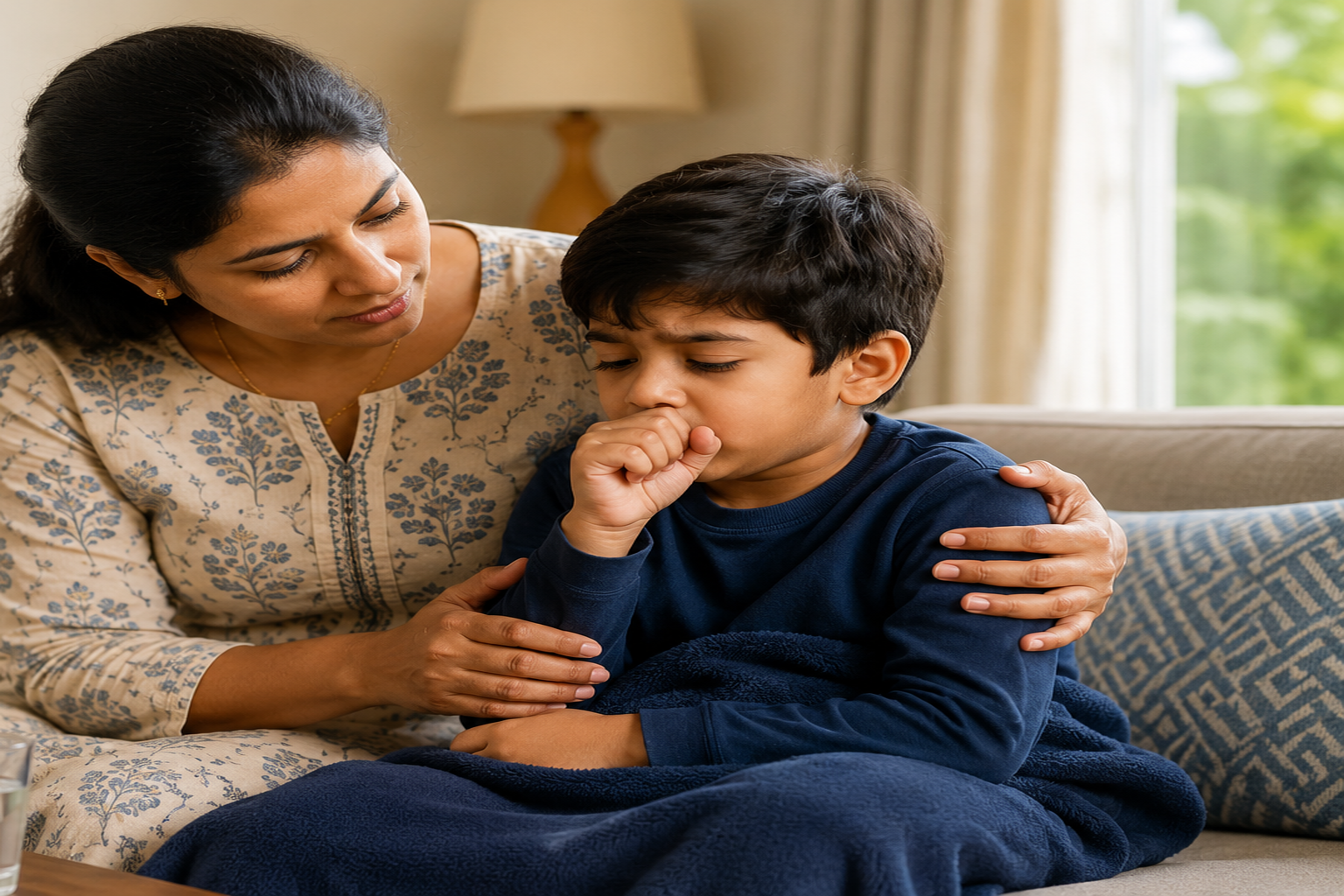 Indian mother comforting her child with cough at home