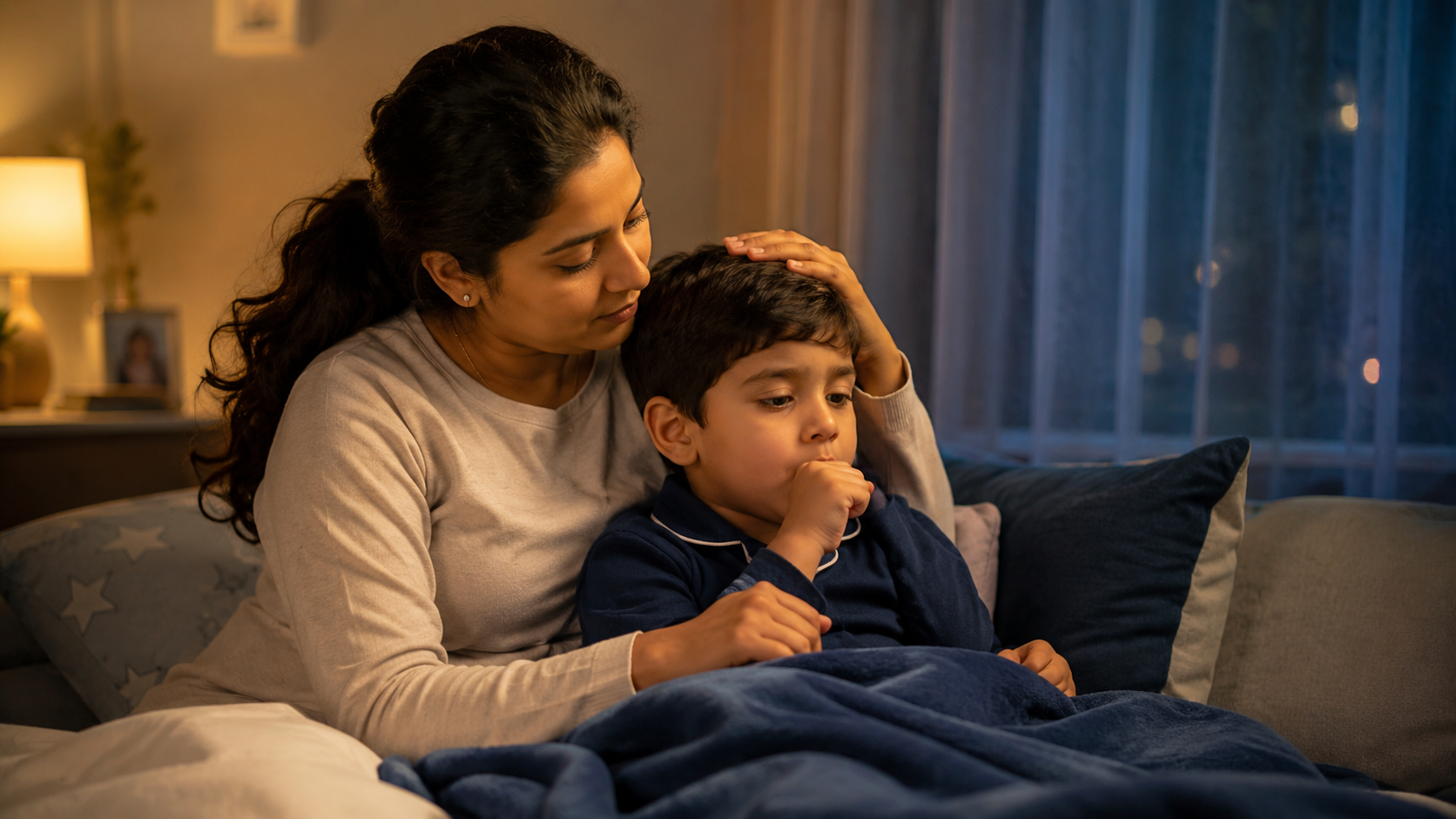 Indian parent comforting a child sitting upright at night with croup symptoms