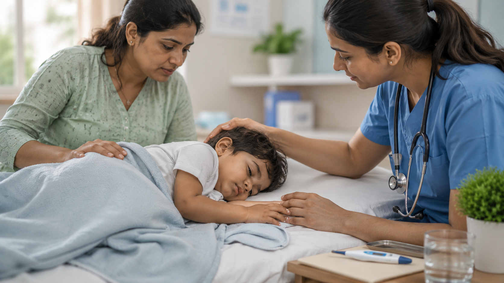 Indian parent calmly monitoring a toddler after a fever-related seizure episode