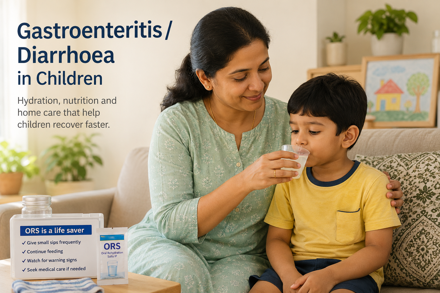 Indian parent offering ORS to a mildly unwell child at home