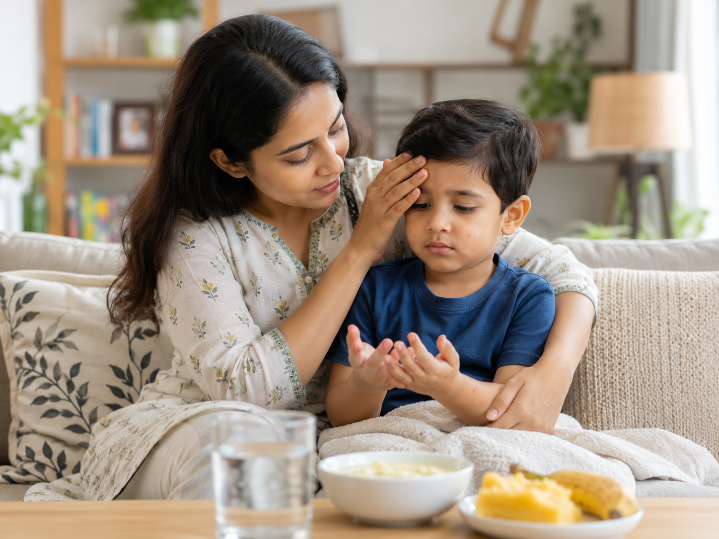 Indian parent comforting a child with mild hand foot and mouth disease at home