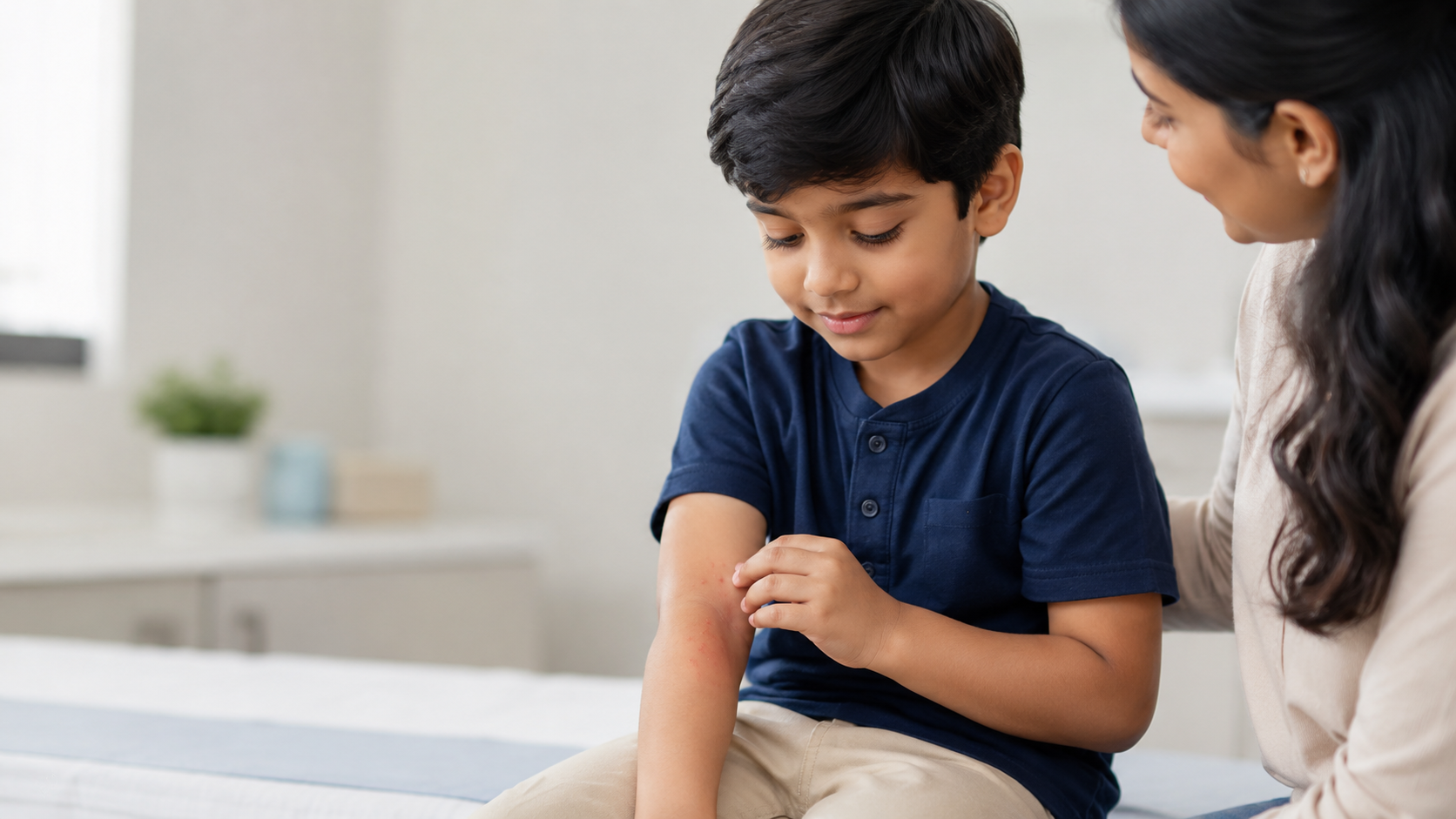 Indian parent gently checking a child arm with mild hives at home