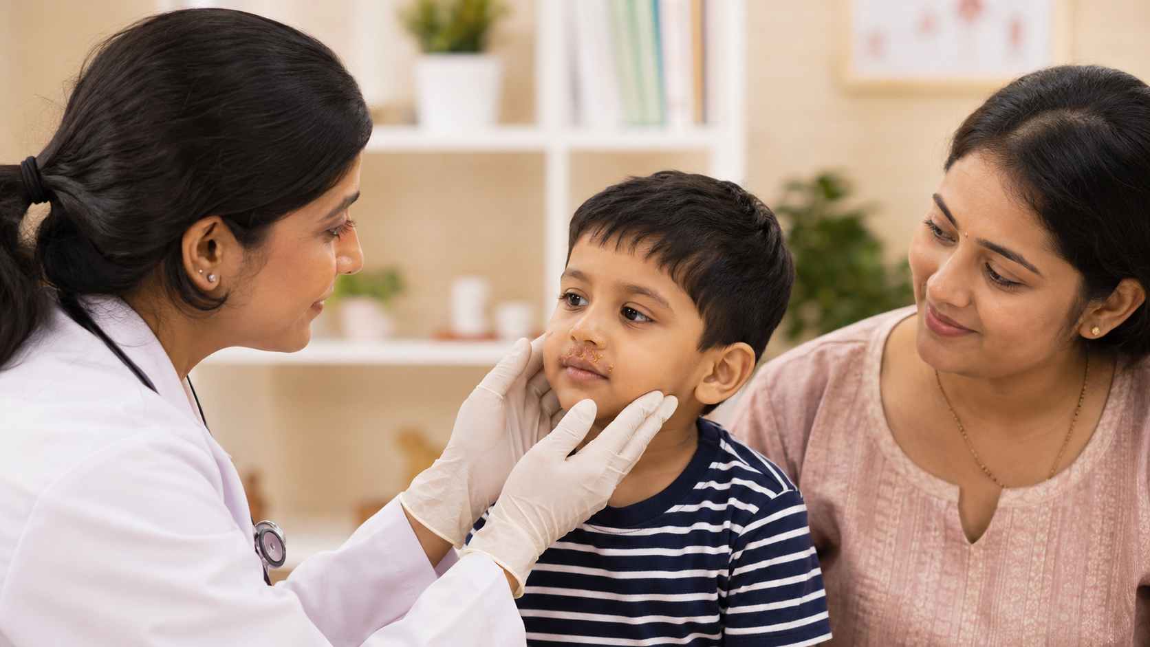 Indian child with mild impetigo being assessed in a calm clinical setting