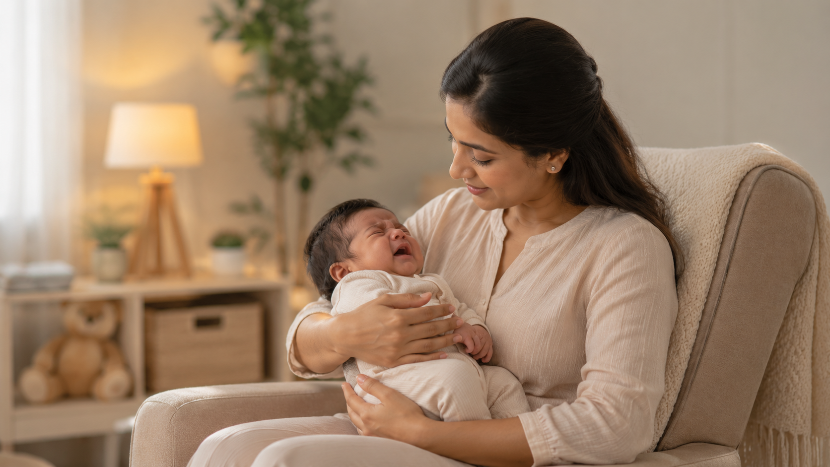 Indian parents soothing a crying infant safely at home