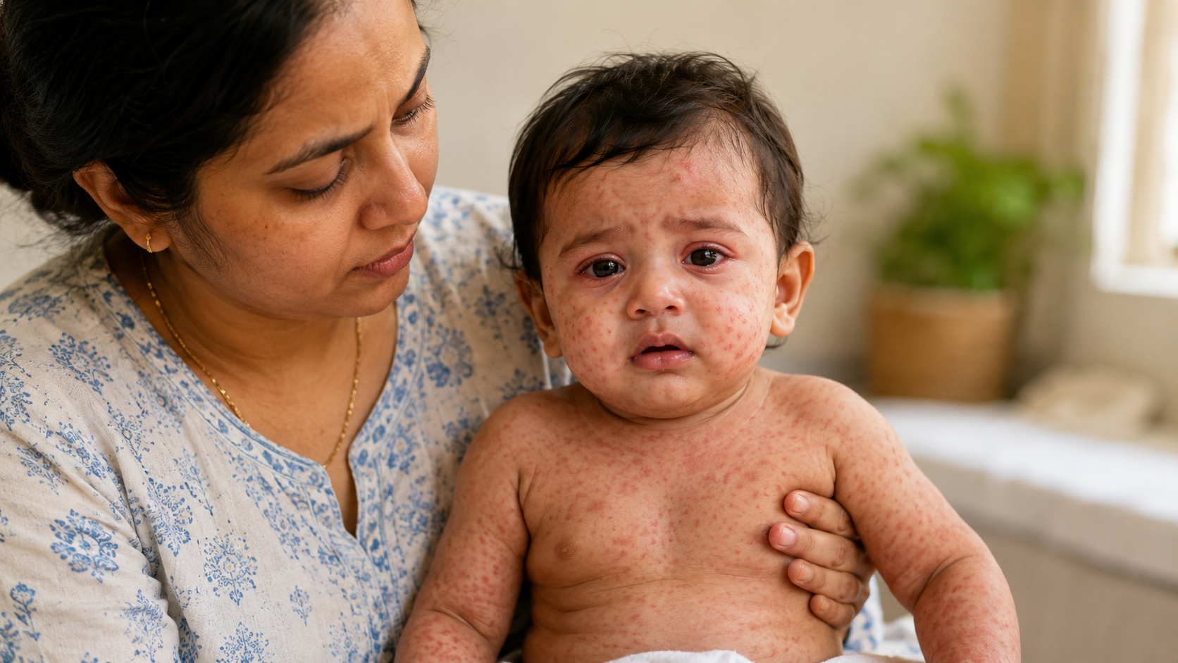Indian parent caring for a child with mild measles-like rash and fever at home