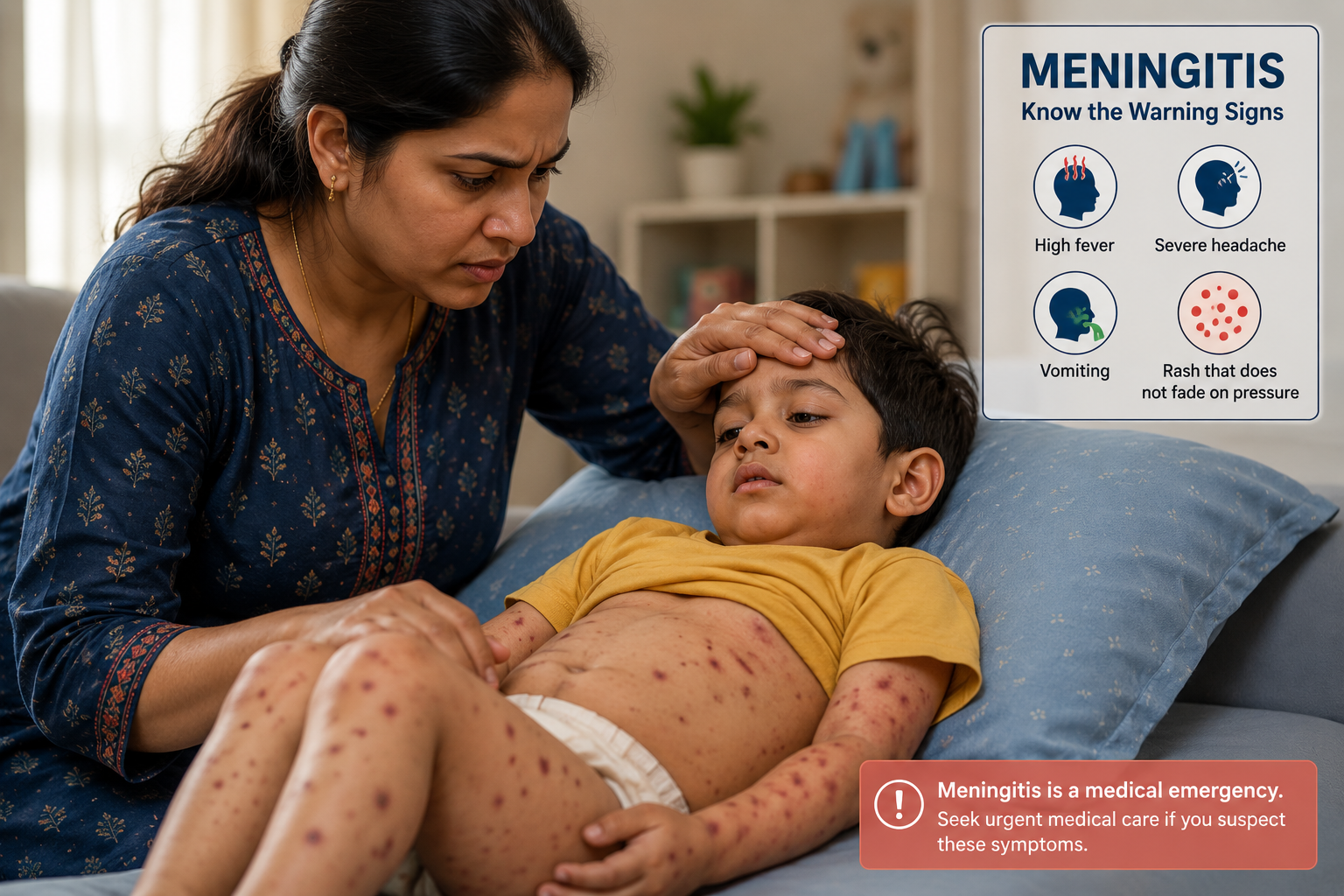 Indian parent carefully monitoring an unwell child with fever and light sensitivity at home