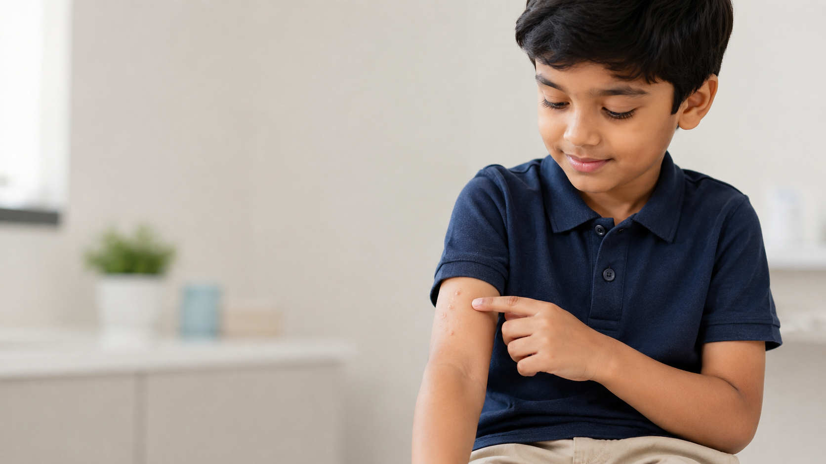 Indian parent checking small molluscum bumps on a child arm in clinic