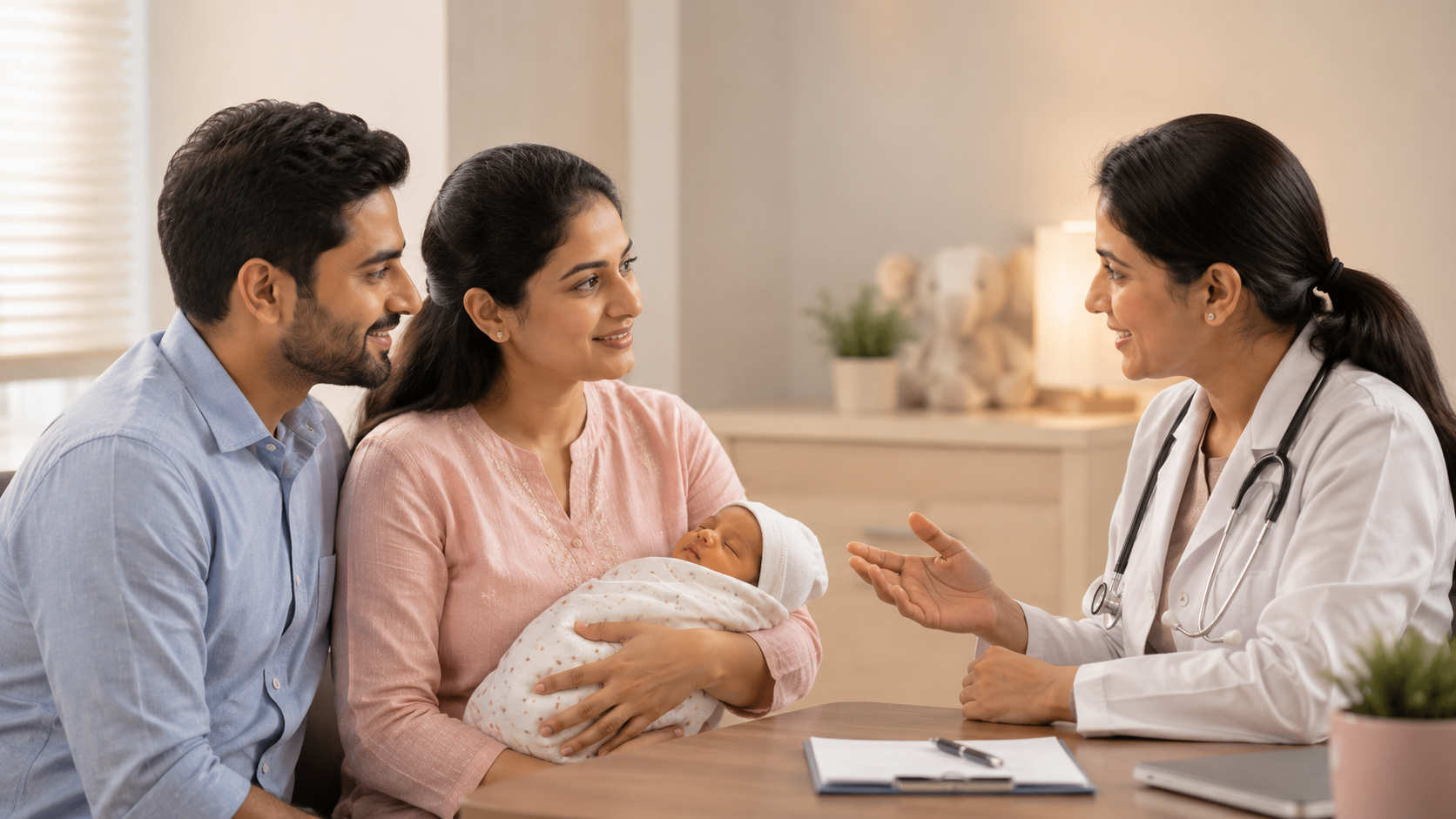 Indian parents observing a newborn for jaundice in gentle daylight