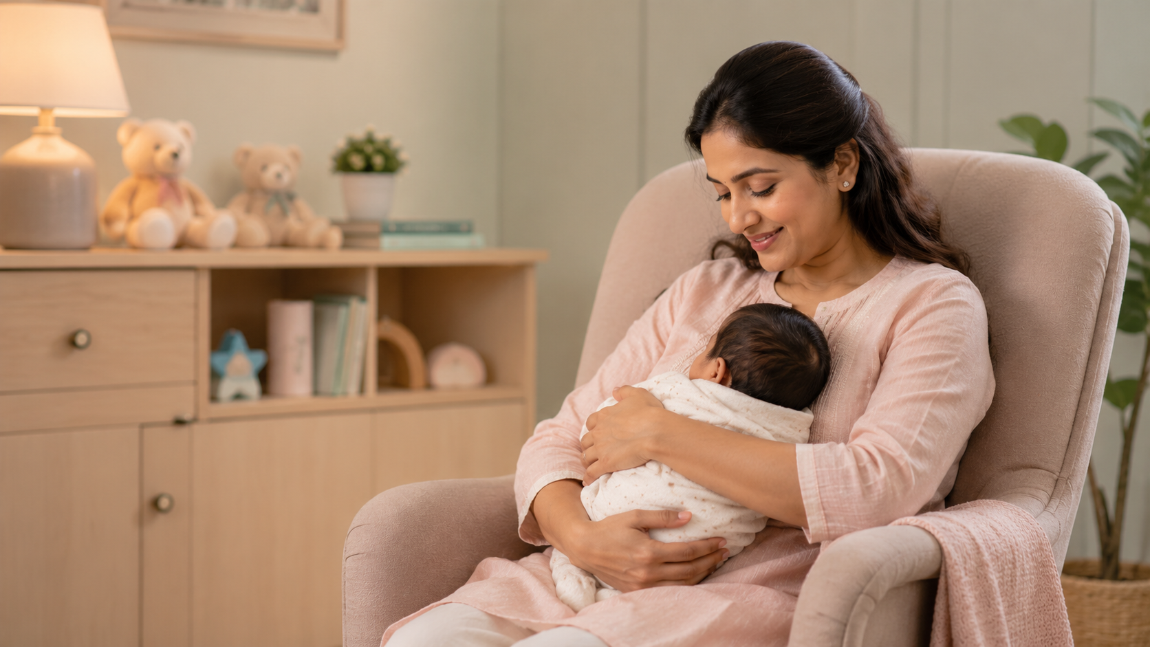 Indian parents caring for a calm newborn at home