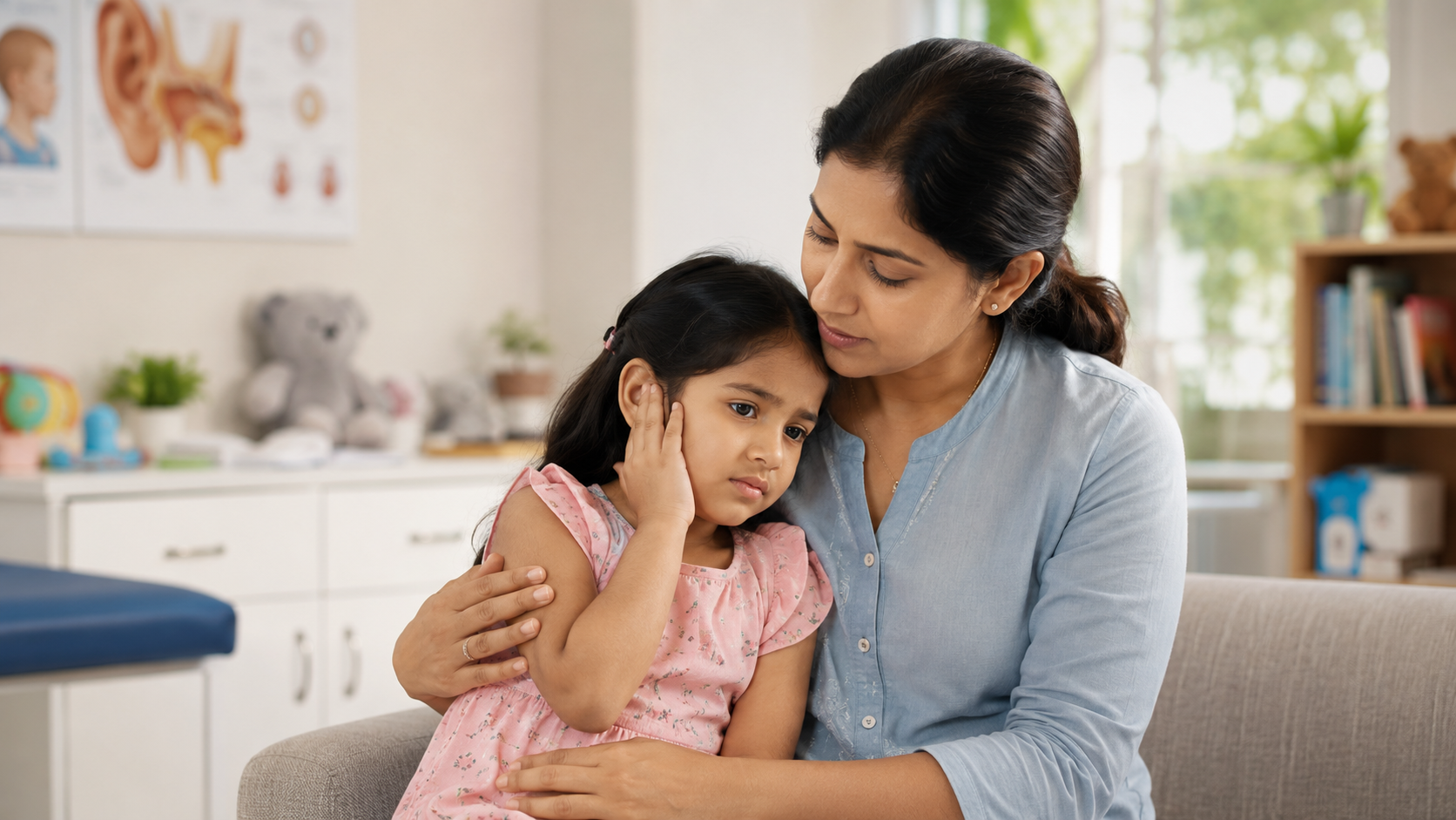 Indian parent comforting a child with mild ear pain in a calm paediatric setting