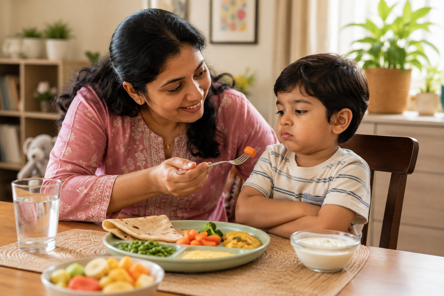Indian parent calmly offering a colourful balanced meal to a hesitant child