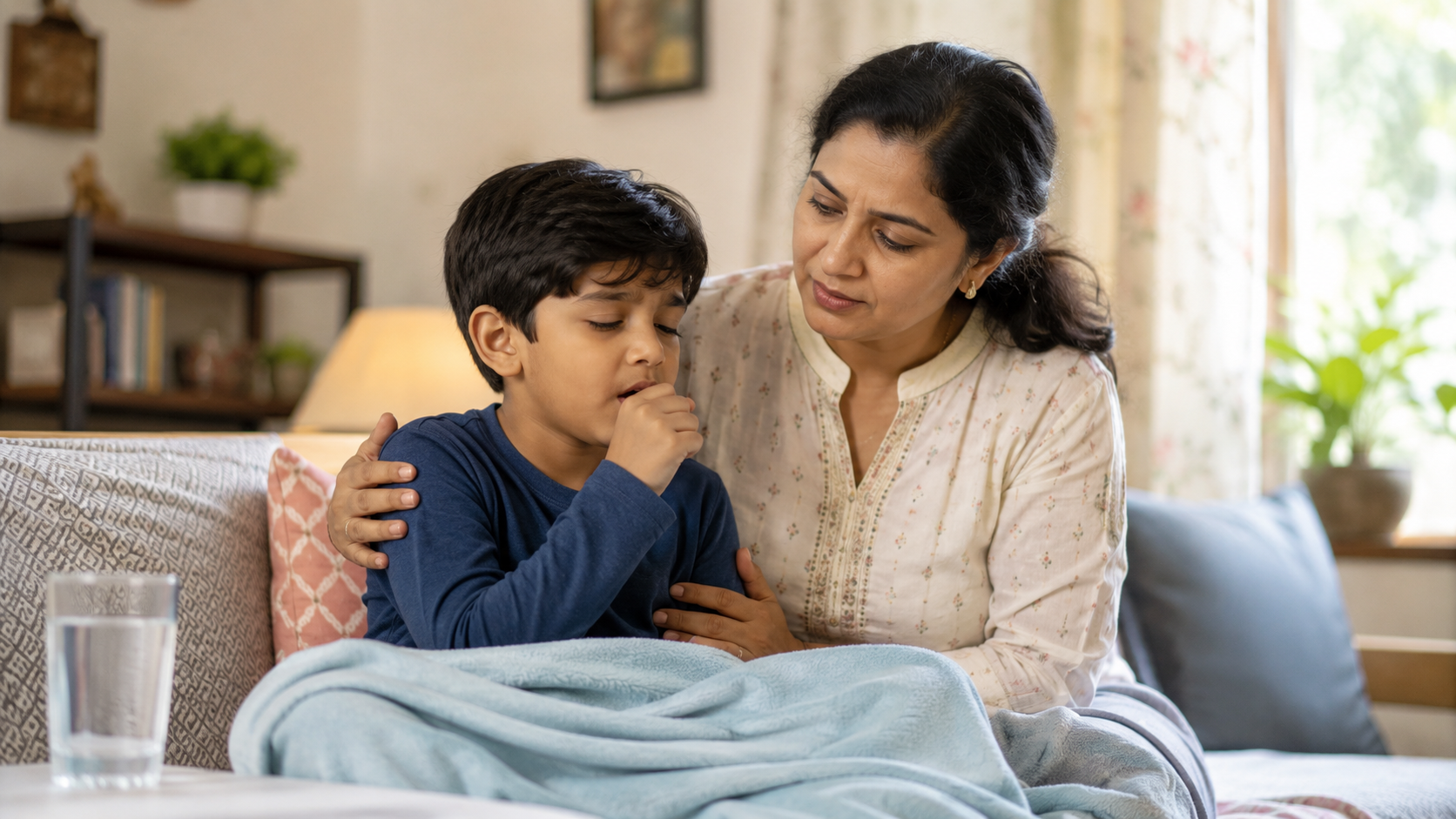 Indian parent supporting a child with cough and fever in a calm home setting