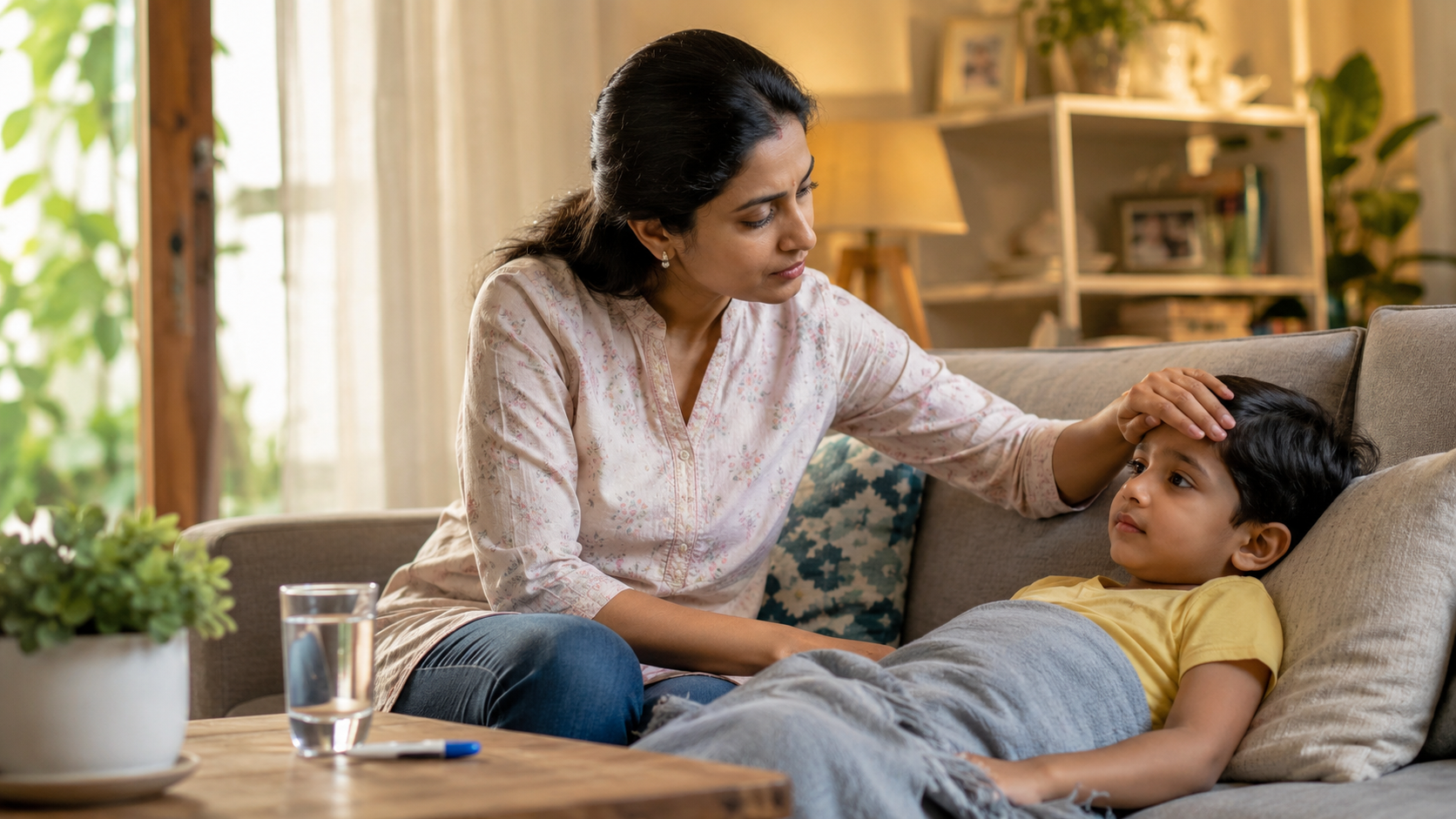 Indian parent calmly monitoring an unwell child and preparing to seek timely medical care