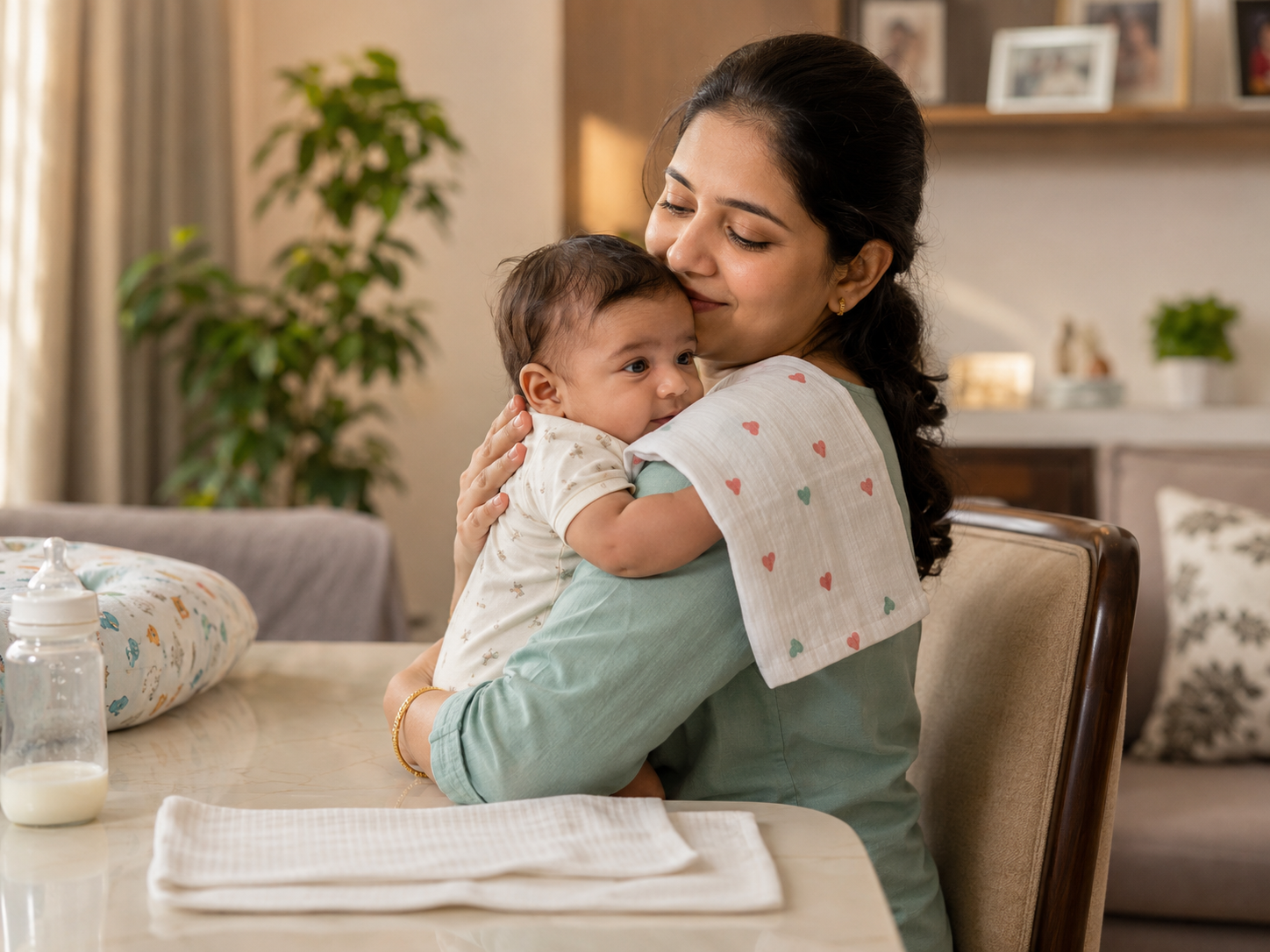 Indian parent holding an infant upright after feeding at home