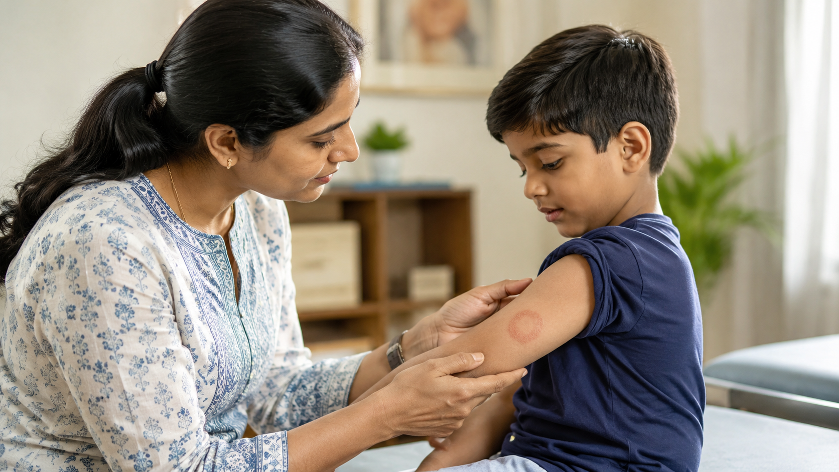 Indian child with mild circular ringworm rash on arm being examined in clinic