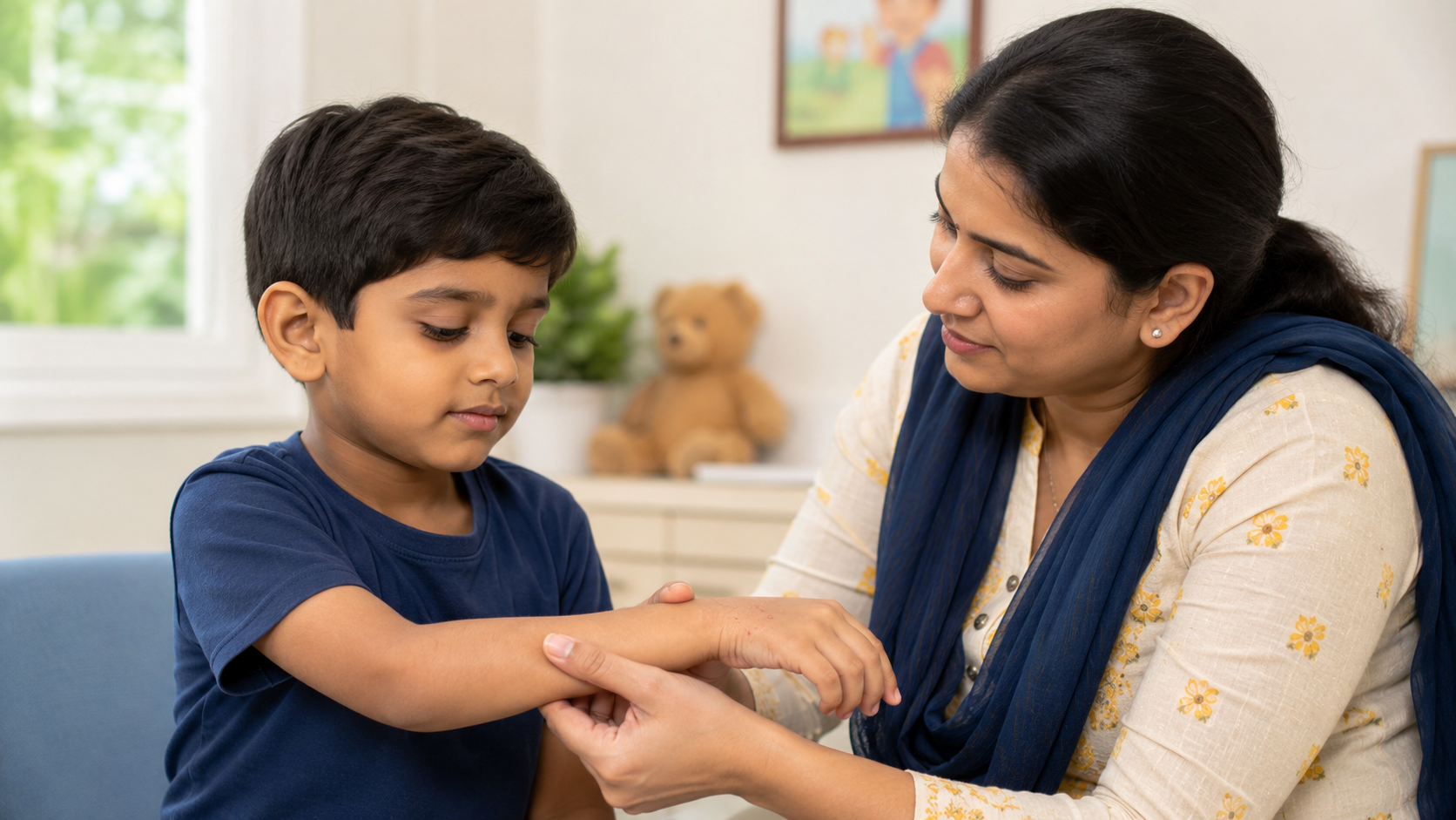 Indian parent gently checking a child arm for an itchy scabies-type rash