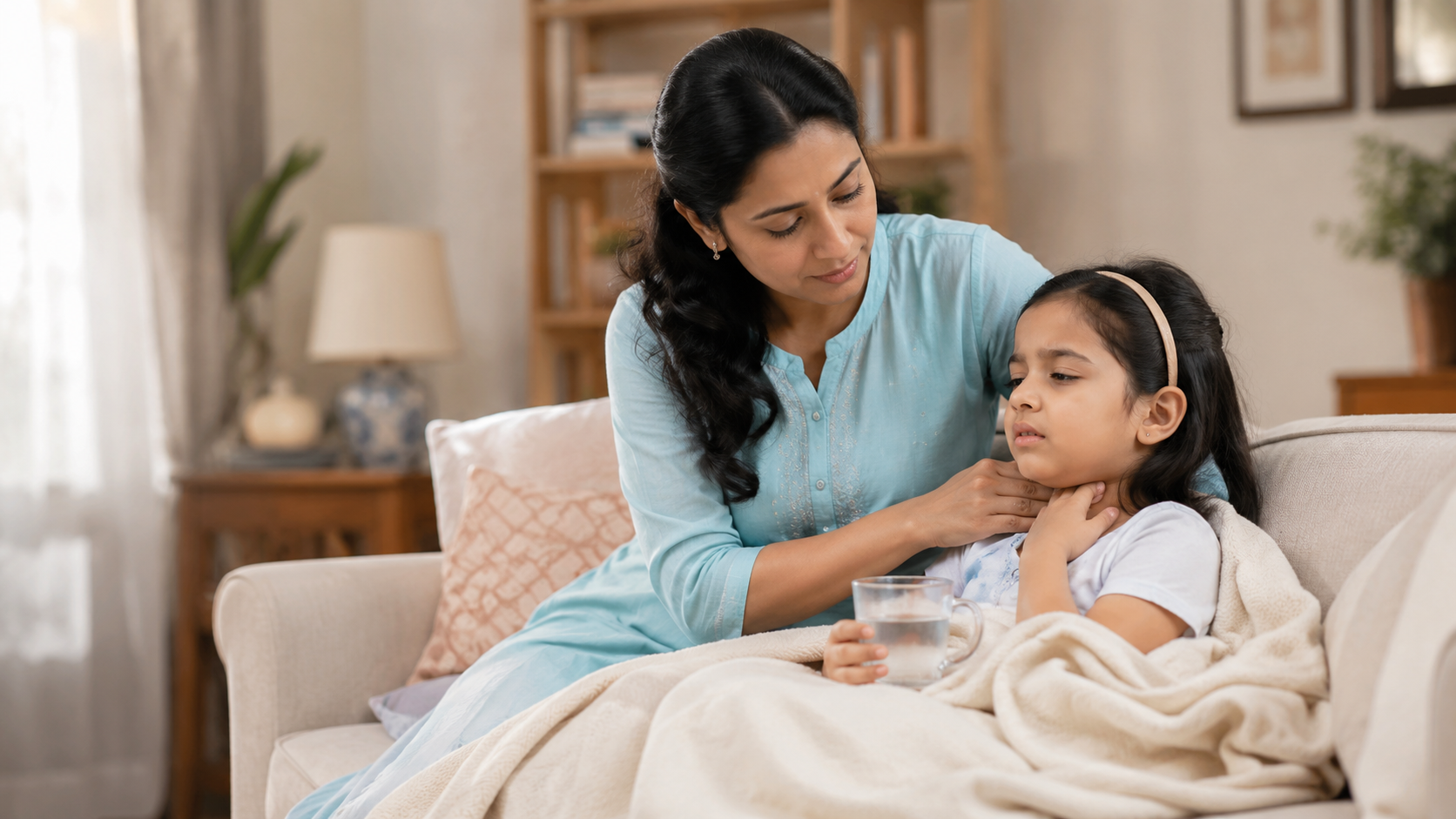 Indian parent supporting a child with sore throat and mild fever at home
