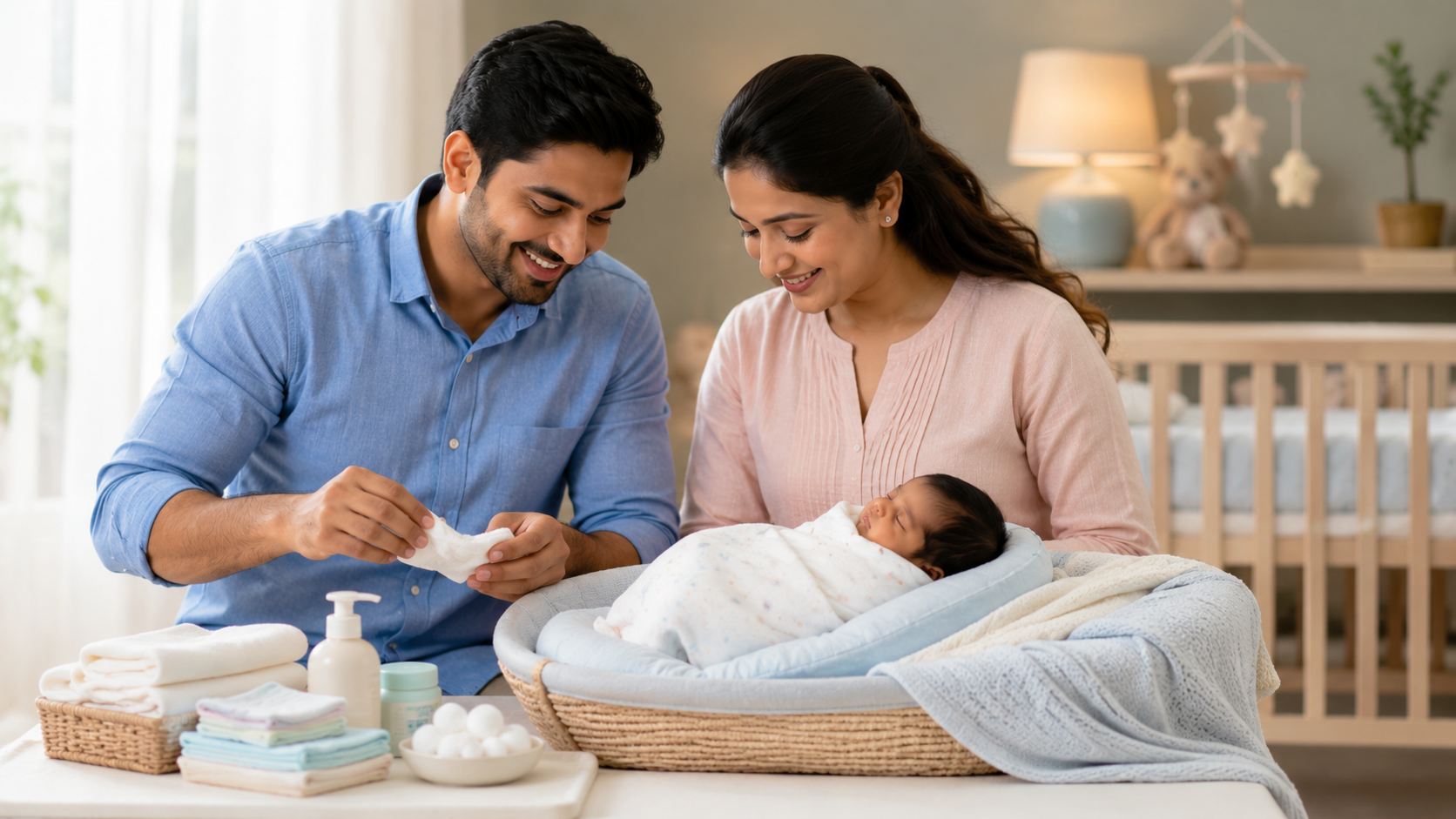 Indian parent gently caring for a newborn umbilical cord stump