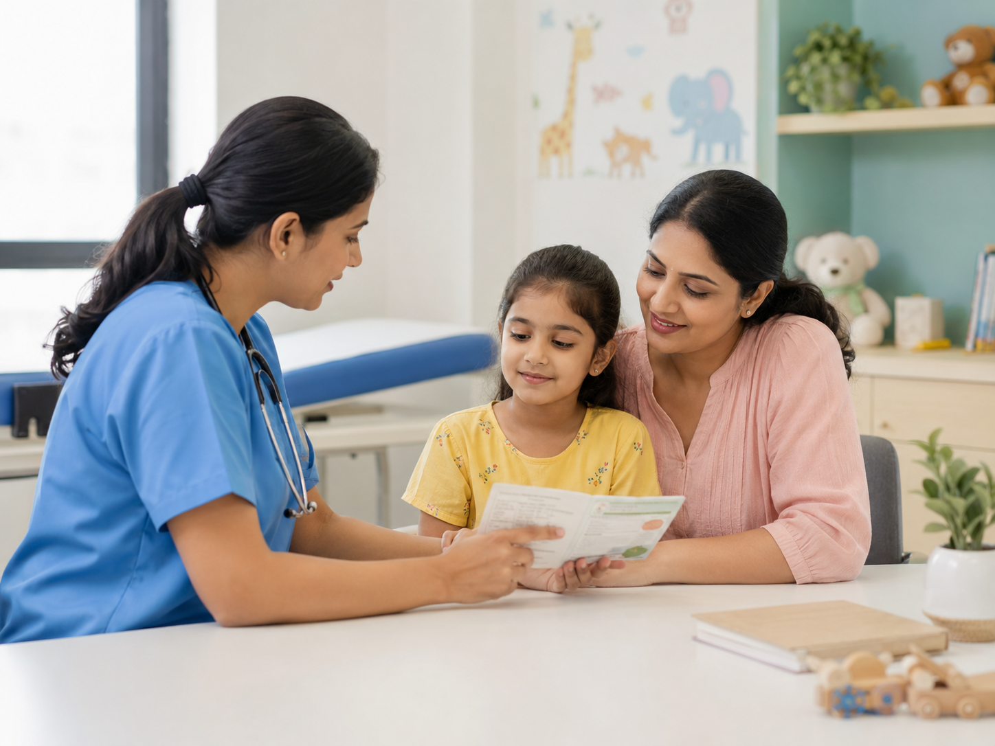 Indian parent discussing a child vaccination record with a paediatric clinician